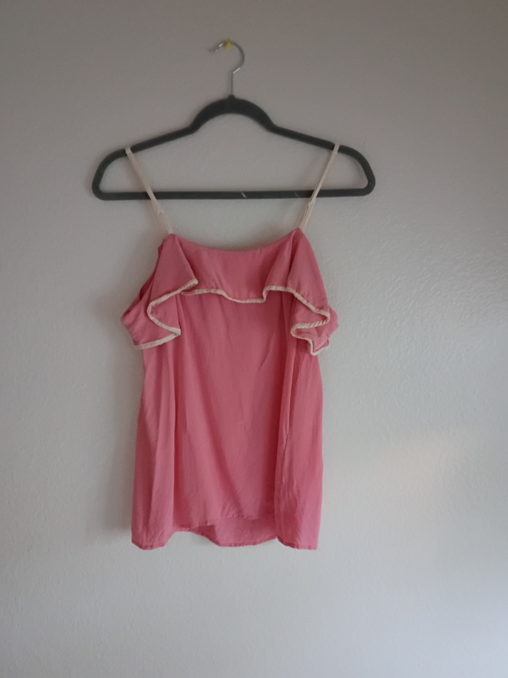 Pink Ruffle-Trim Spaghetti Strap Blouse 100% Silk